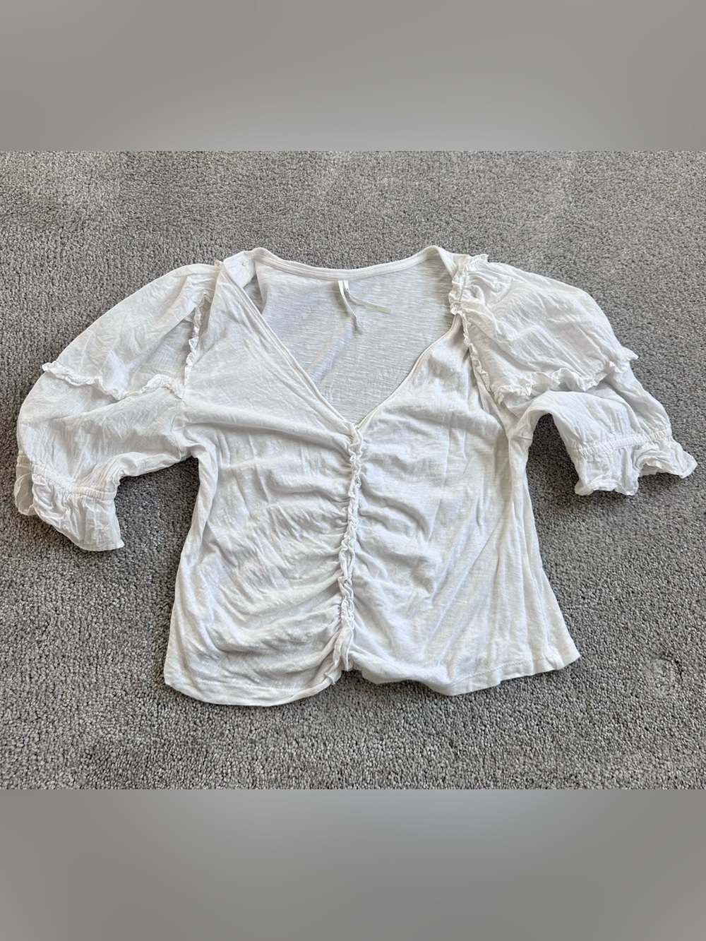 Anthropologie White Ruched V-Neck Puff Sleeve Top